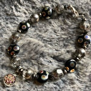New Multicolor Metallic Spotted Black Artglass Bracelet w/ Titanium Druzy Charm